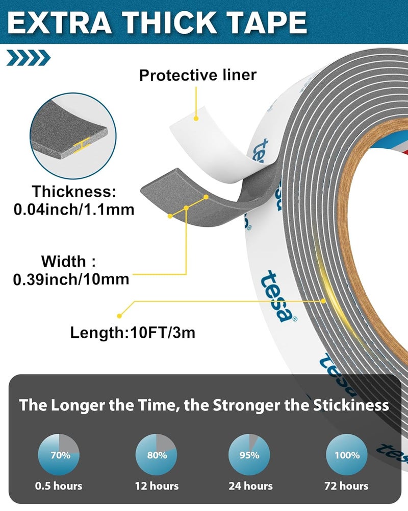 EMITEVER Tesa Double Sided Tape Heavy Duty 0.4in x 10ft 6311, Adhesive Mounting Tape Waterproof, Strong Foam Tape for Walls, Extreme Temp Resistant No Residue Removal Two Sided Tape for Auto, Home, Office - Image 4
